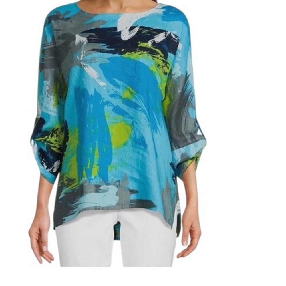 Ali Miles Women's Size 2X Linen Blend Tunic Top Abstract Print Roll Tab Sleeve